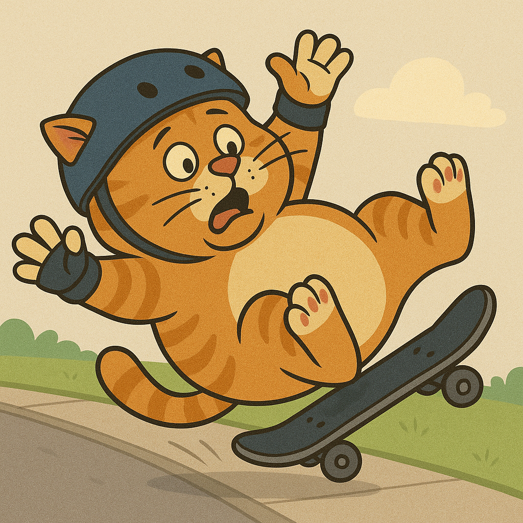 how to fall safely skateboarding illustrated by a fat orange tabby cat mid-fall wearing safety gear